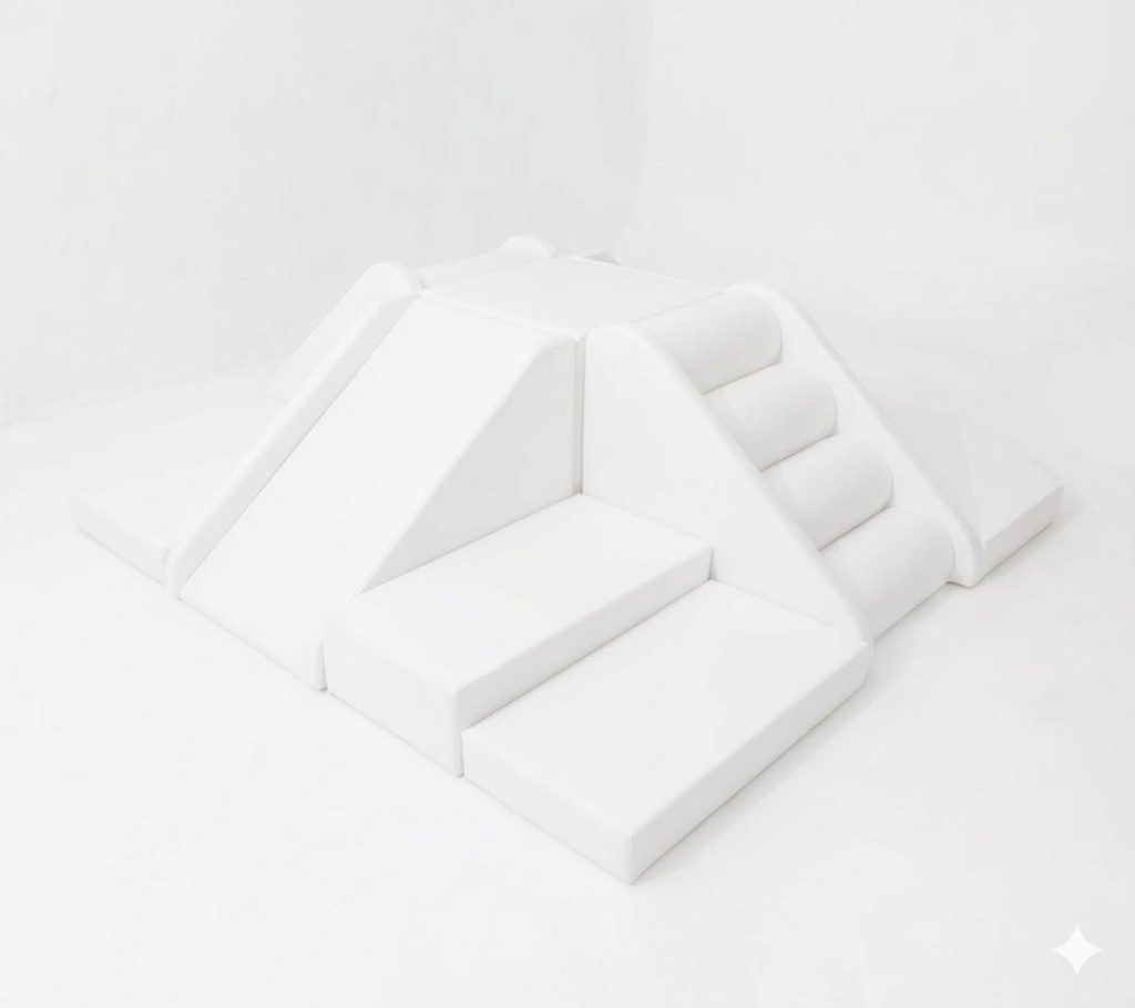 White pyramid climbing set with slide and steps
